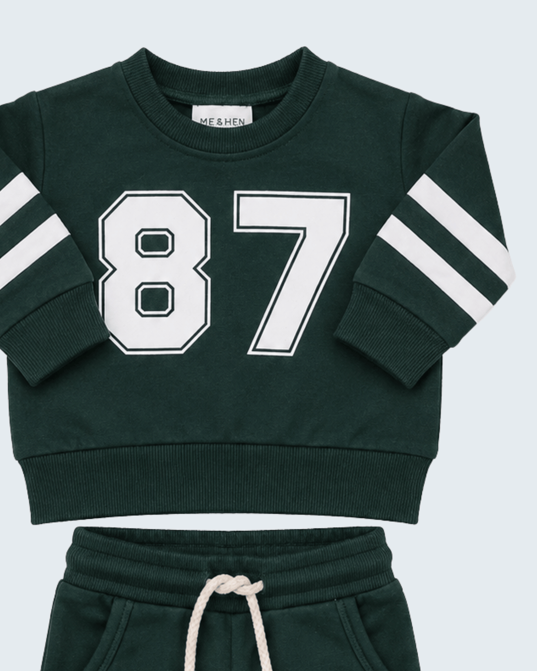 Dark green sweatshirt with 87 front print and white striped sleeve accents