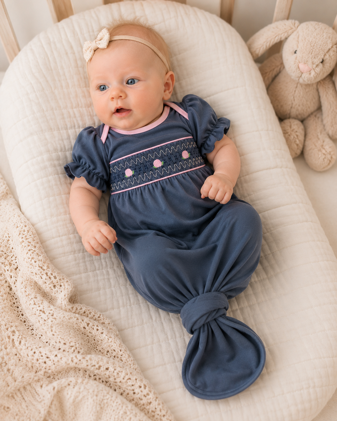 A baby wearing a navy blue footless sleeper with pink and white embroidered details, lying on a cream-colored bassinet cushion next to a plush bunny toy.