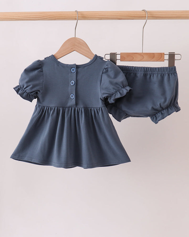 Navy baby dress top with front button placket and matching bloomers