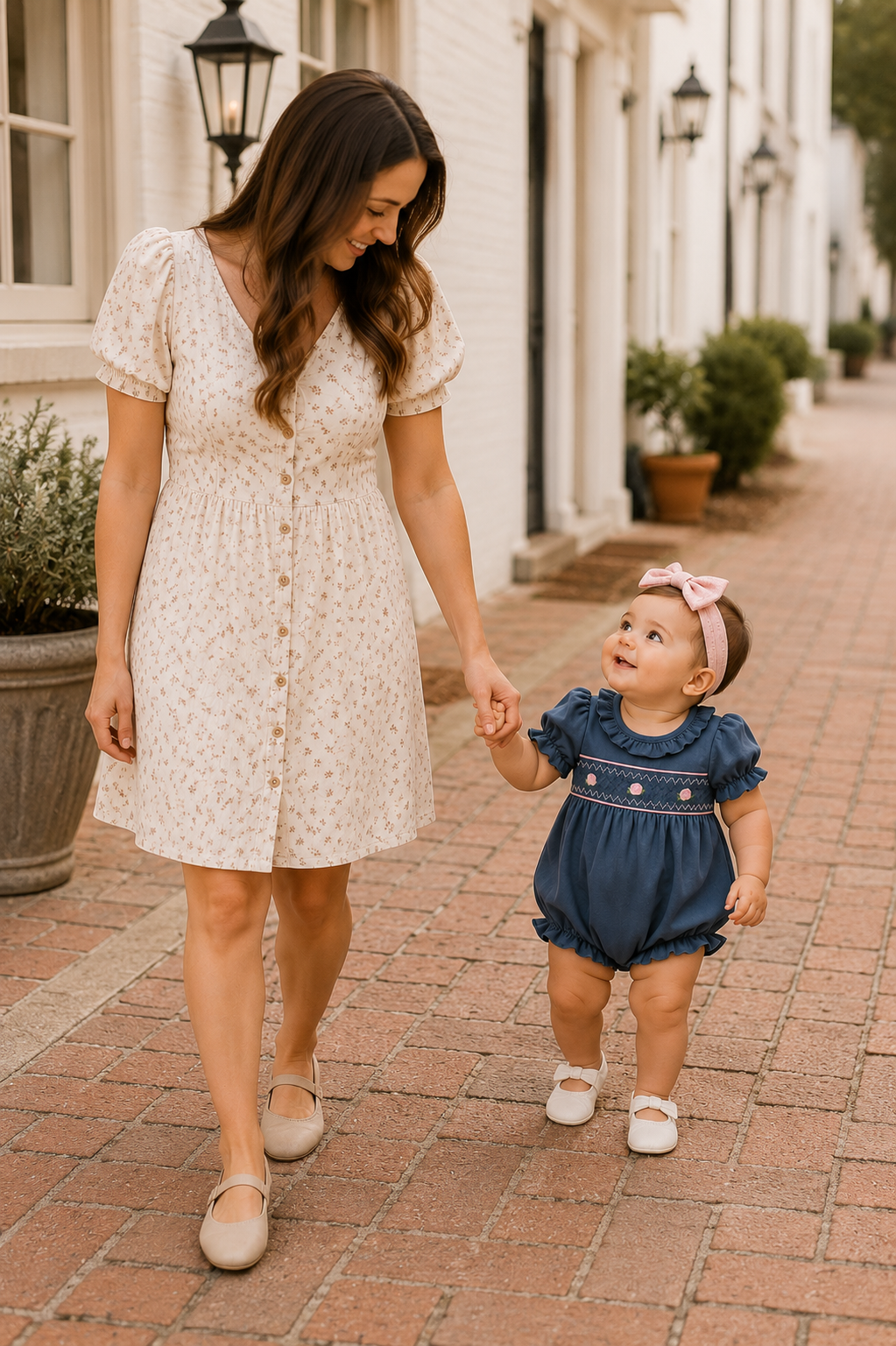 A woman and a baby walking hand in hand down a brick sidewalk in front of white buildings. The woman wears a cream short-sleeve button-front dress with a small floral print, and the toddler wears a navy blue romper with white shoes and a pink bow headband.