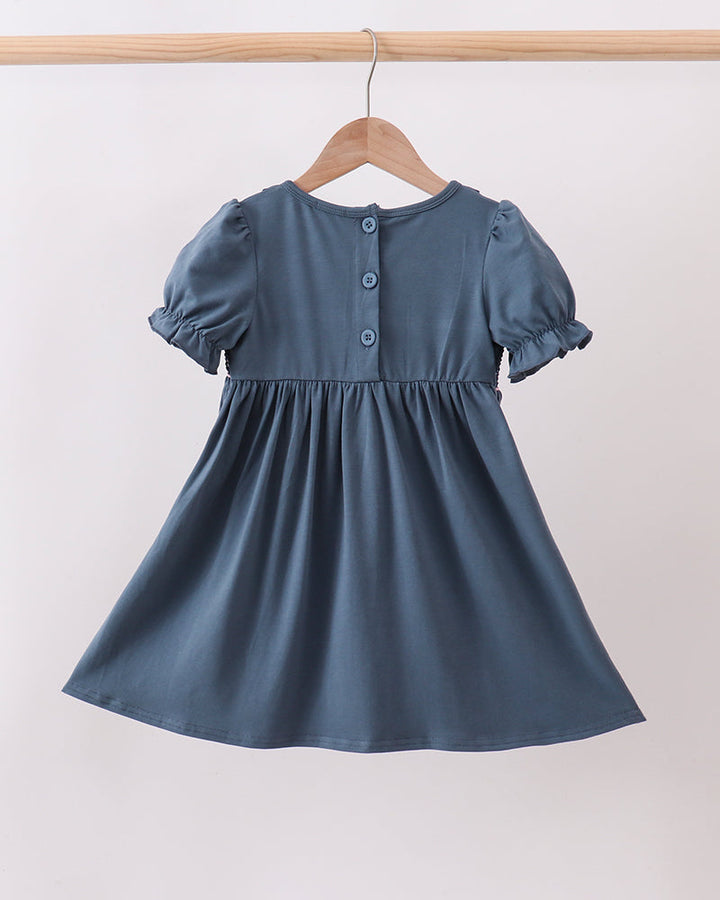 Blue smocked ruffle dress with short puff sleeves and button-back top
