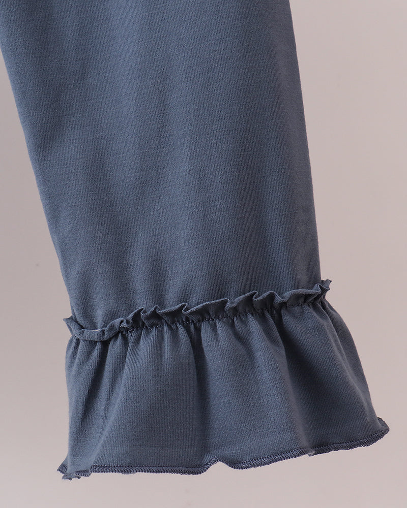 Dark blue ruffle hem leggings with elastic waistband and gathered cuff