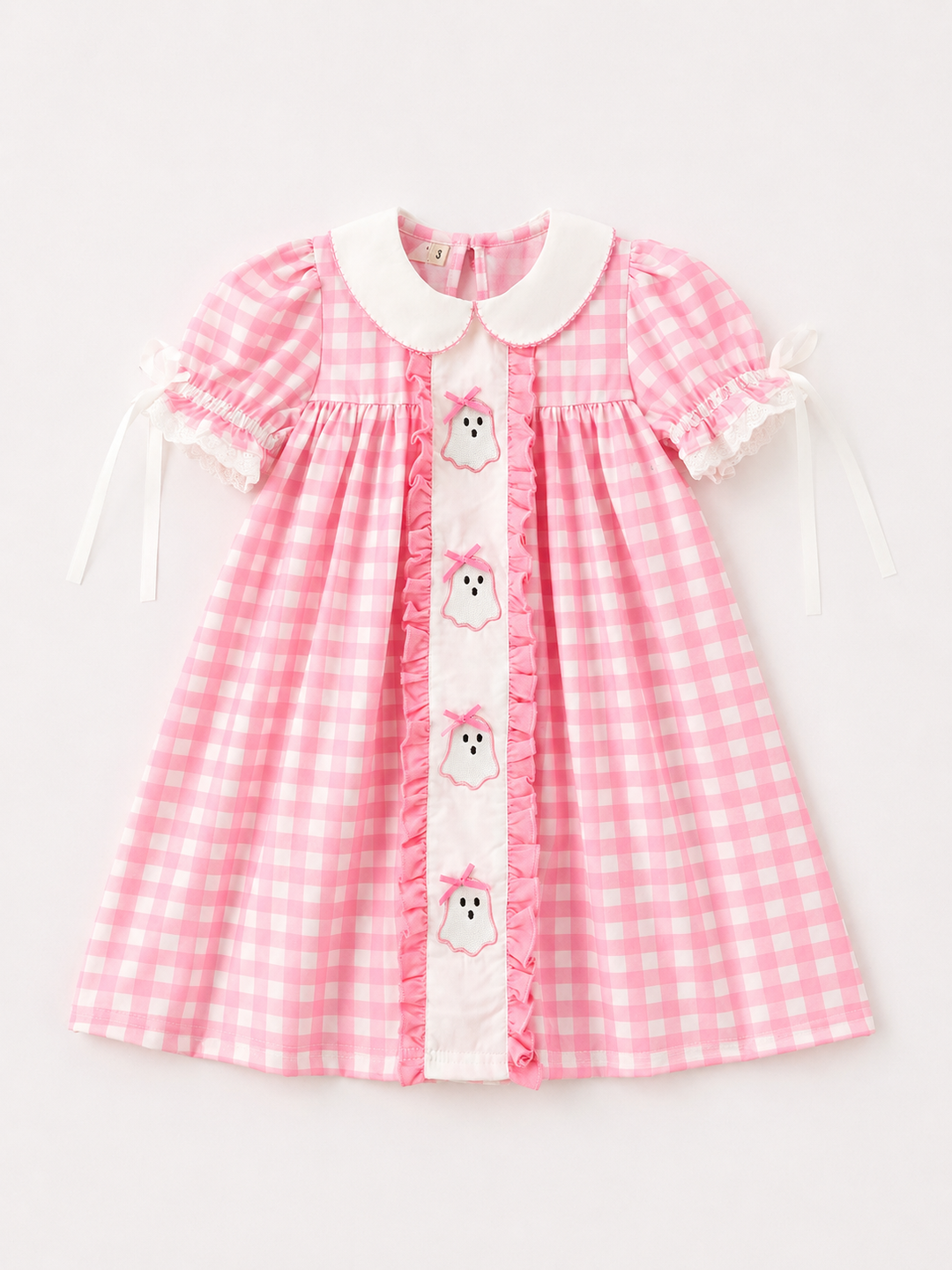 Girls' pink gingham dress with white Peter Pan collar, ghost embroidery, button front