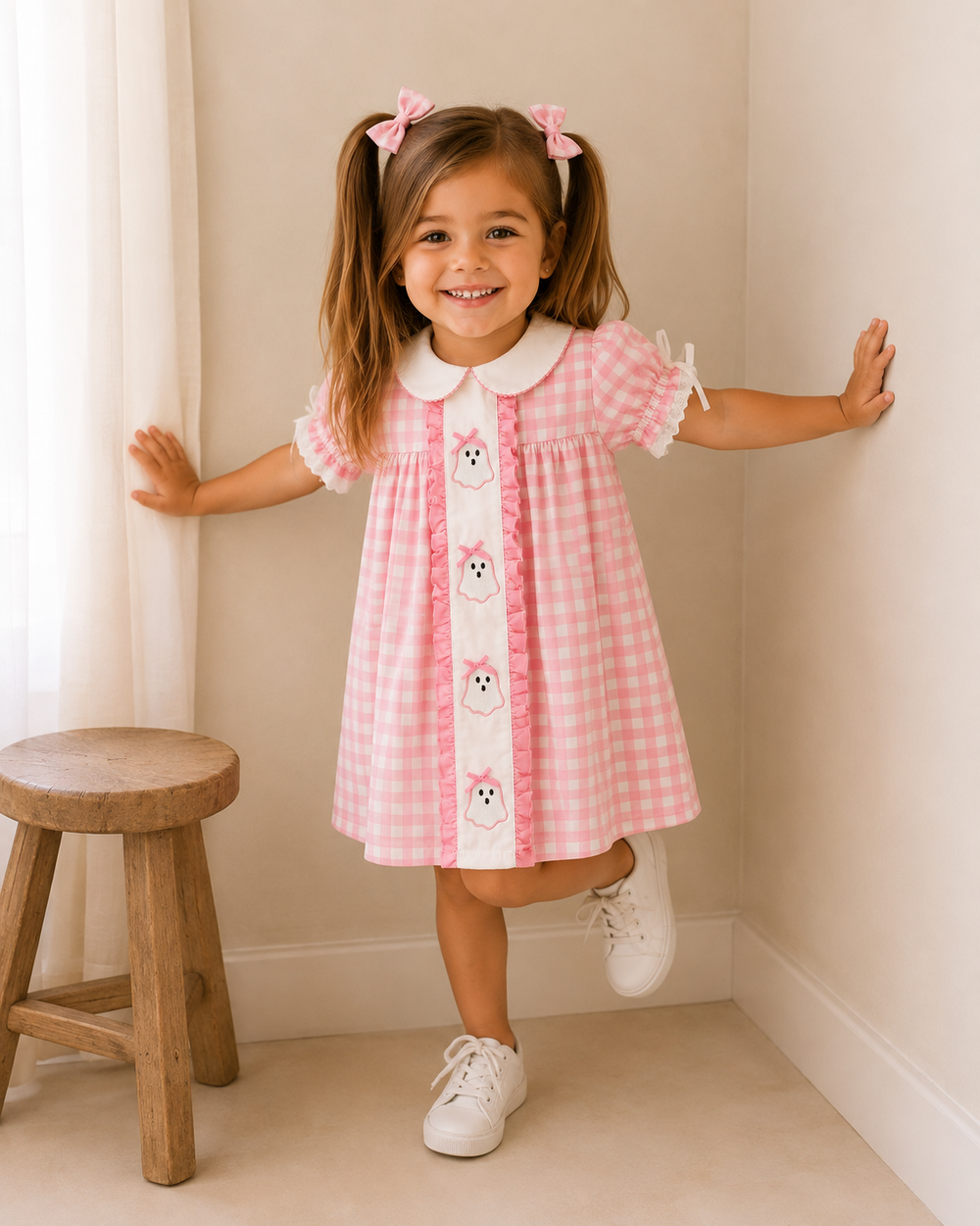 Girls' pink gingham ghost-embroidered dress with puff sleeves and ribbon ties, button front