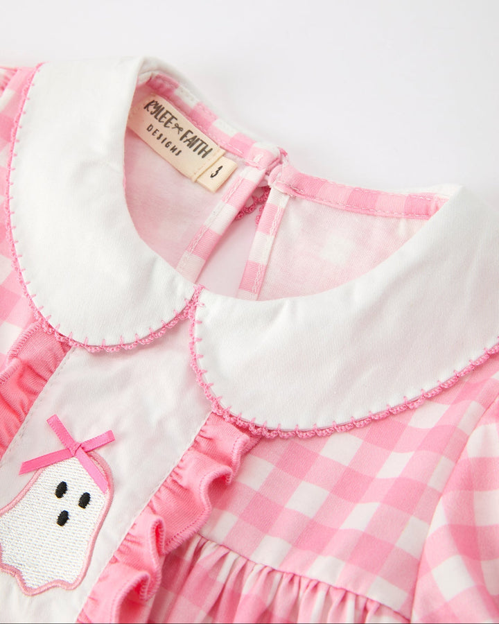 Girls pink gingham dress close-up of Peter Pan collar and ghost applique
