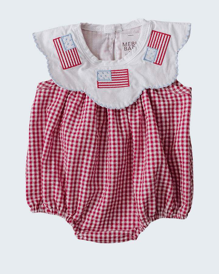Red and white checkered baby romper with American flag design on a white background
