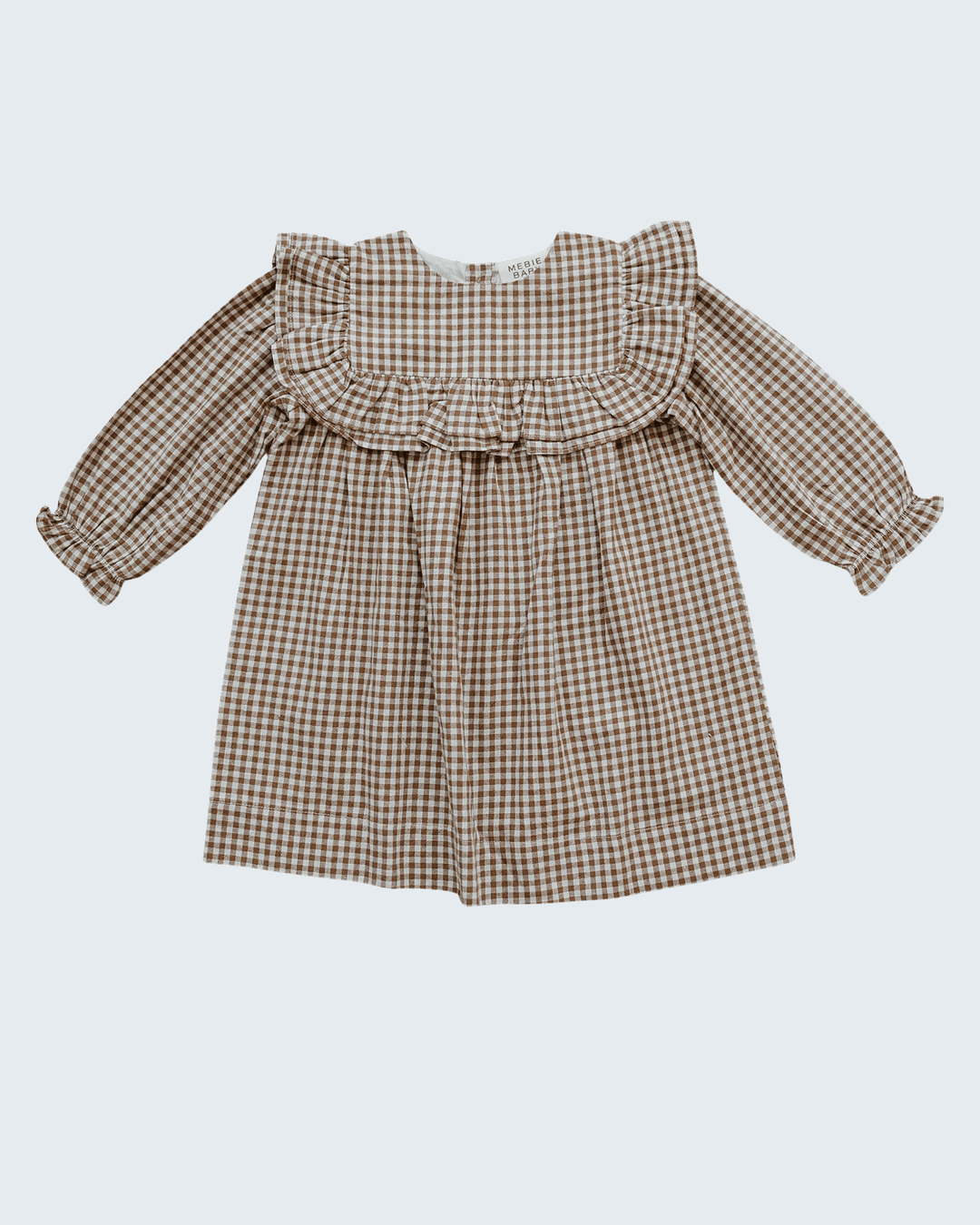 Brown gingham ruffle dress with gathered neckline and long sleeves, A-line skirt