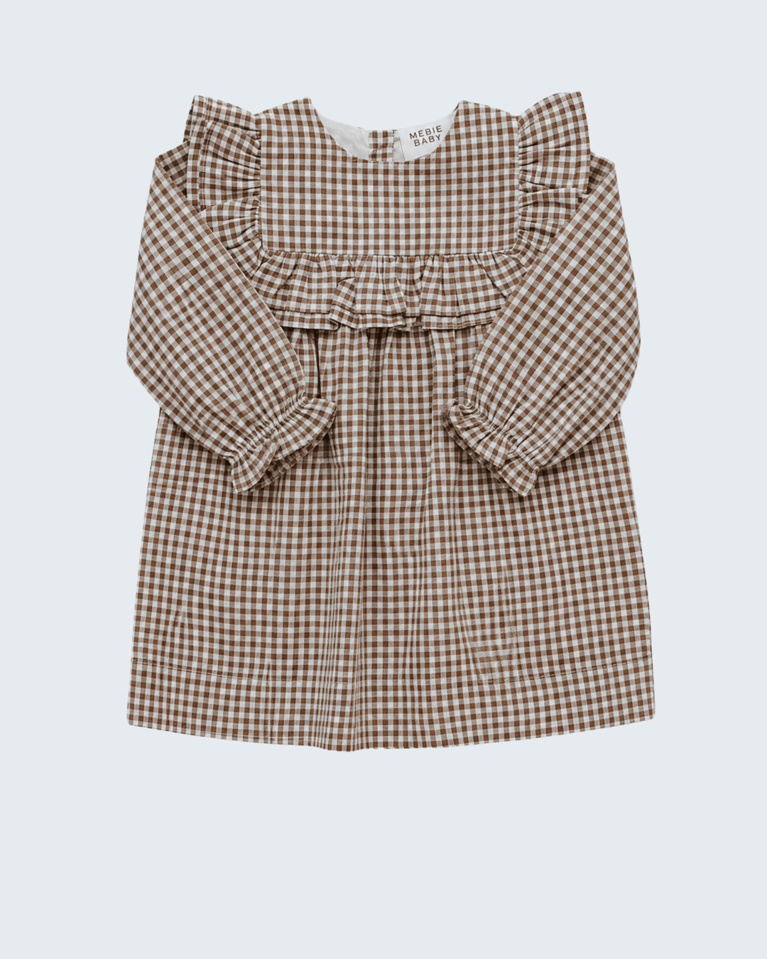 Brown-and-white gingham ruffle dress with shoulder ruffles and buttoned cuffs