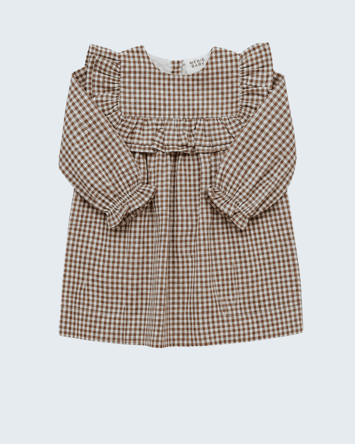 Brown-and-white gingham ruffle dress with shoulder ruffles and buttoned cuffs