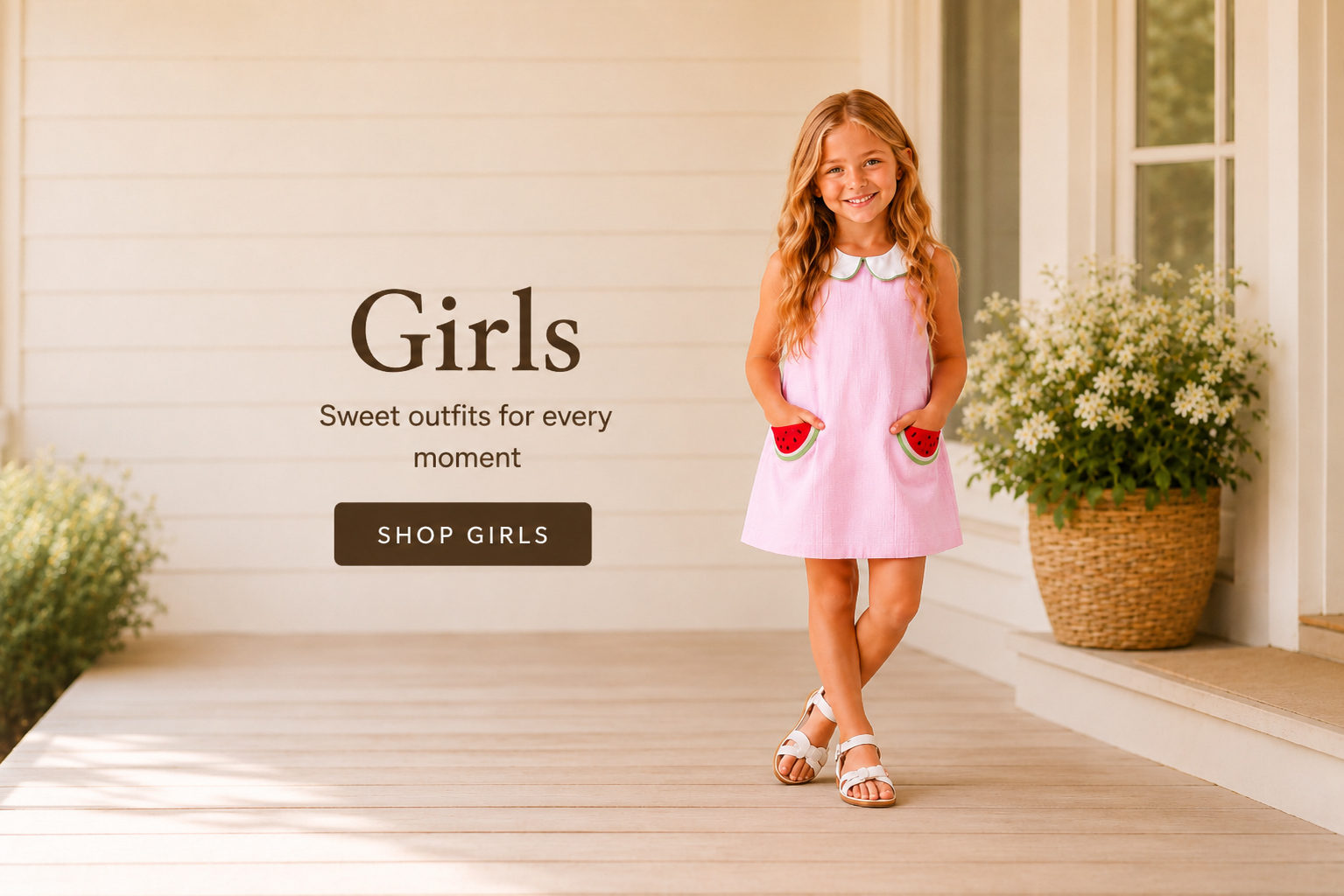 Young girl in pink dress on neutral wooden porch