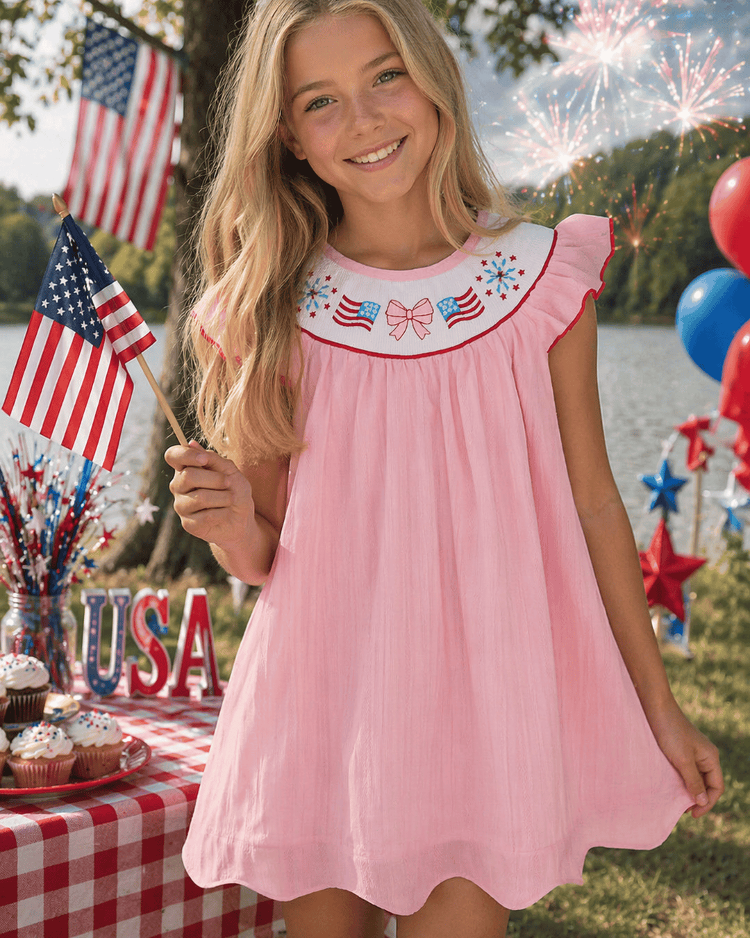 Young girl in a pink dress with 4th of July decorations, including an American flag and balloons.