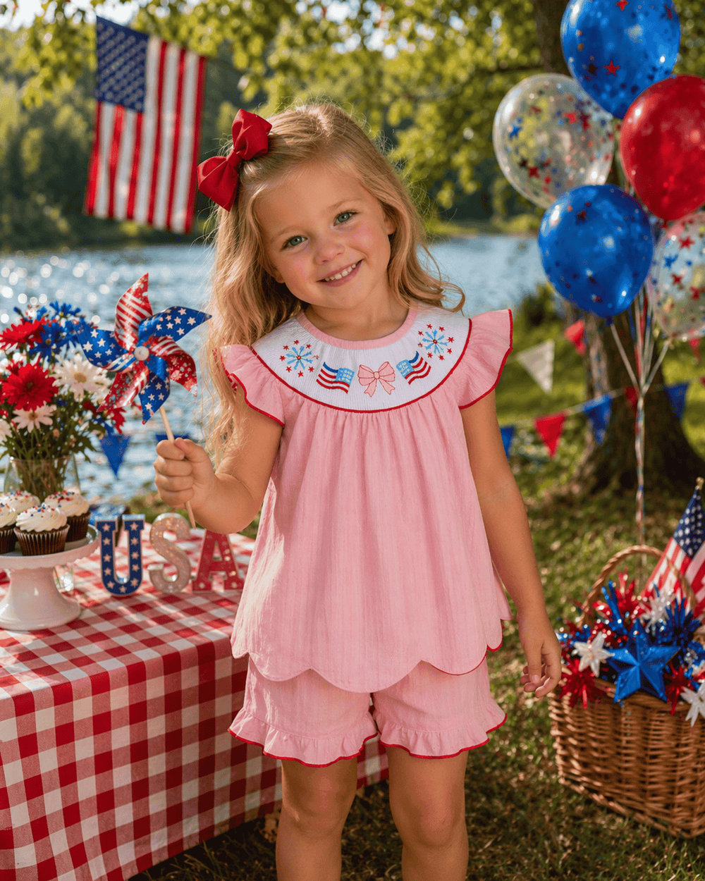Young girl in a pink dress with 4th of July decorations, including balloons and an American flag.