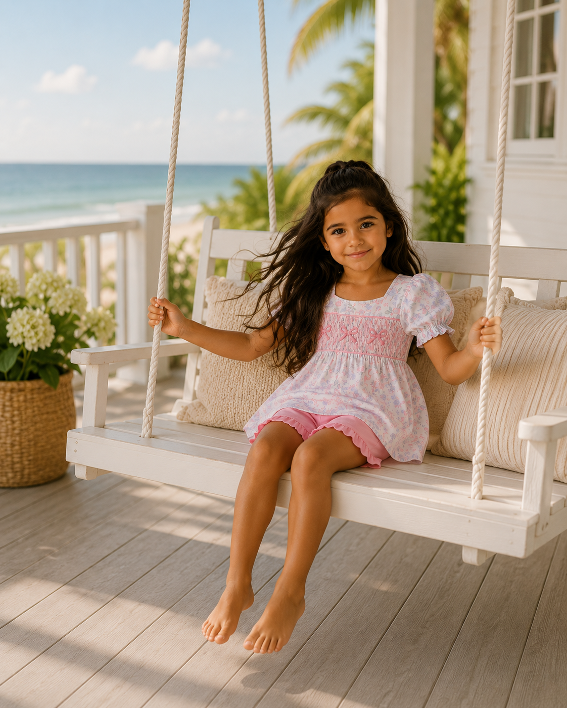 Young girl in a white dress sitting on a wooden porch swing with a beach view.