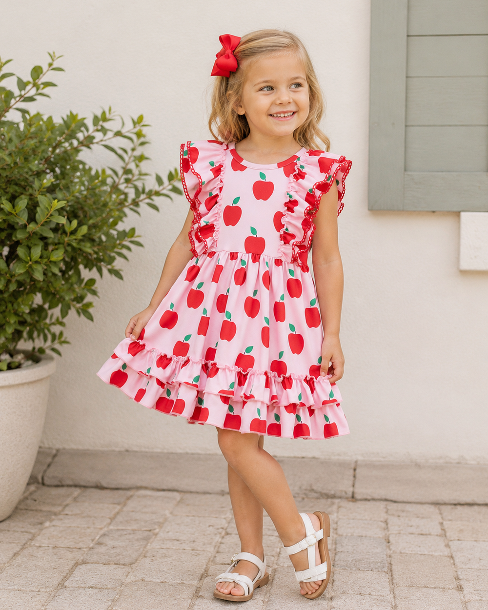 Young girl in pink back to school dress with apples