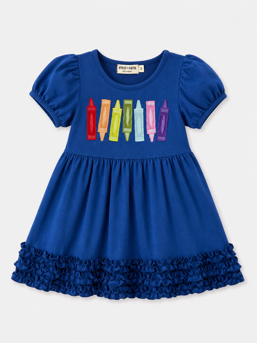 Blue back to school dress with crayons