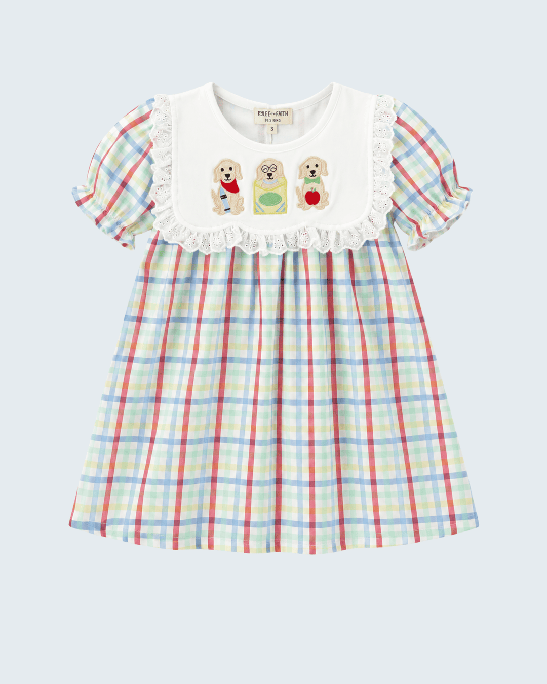 Back to school plaid dress with dog motif
