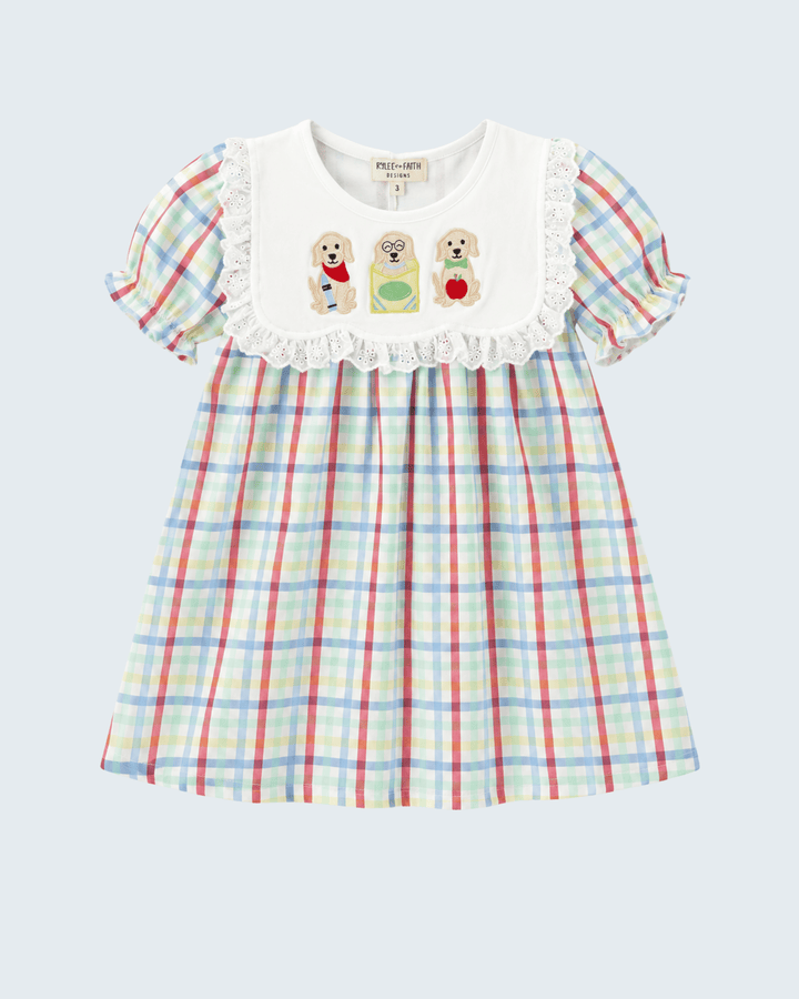 Back to school plaid dress with dog motif