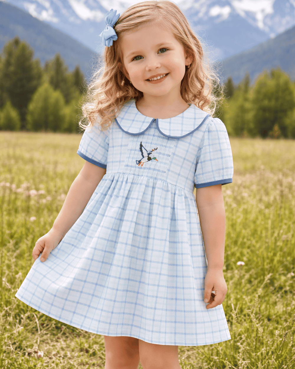 Young girl in a blue checkered dress standing in a field with mountains in the background