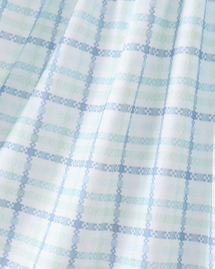 Close-up of a fabric with a blue and white checkered pattern