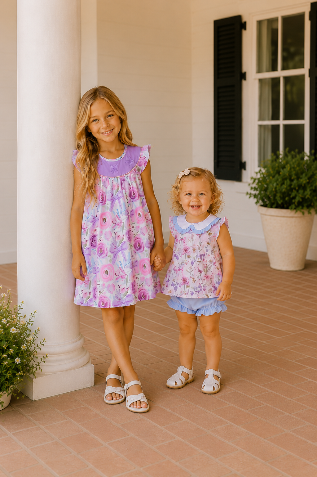 Two young girls standing on a porch wearing matching floral dresses and shorts sets. The larger girl wears a lavender and pink floral dress with a purple collar, and the smaller girl wears a matching floral dress with blue shorts.