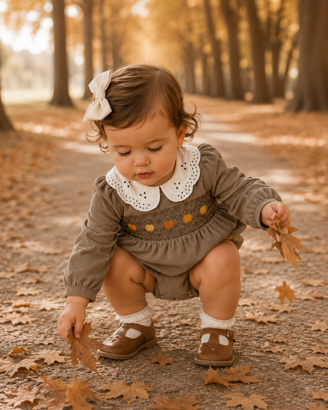 A toddler crouches on a leaf-strewn path in a wooded area, wearing a brown long-sleeve romper with a white Peter Pan collar, brown shoes, white socks, and a white bow in her hair.