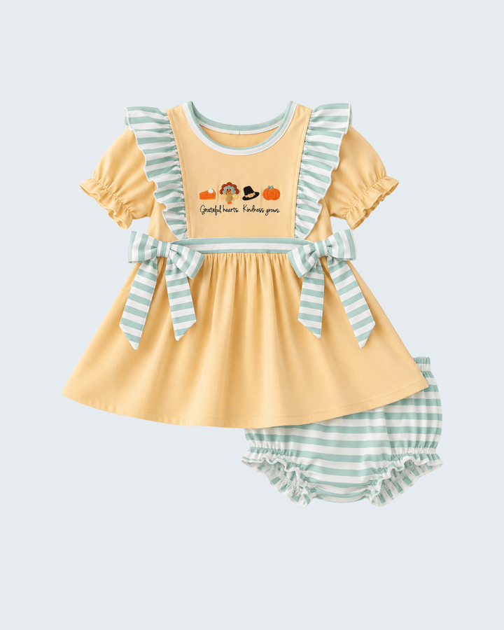 Embroidered ruffle bloomer set with yellow dress, blue striped sleeves, striped bloomer shorts