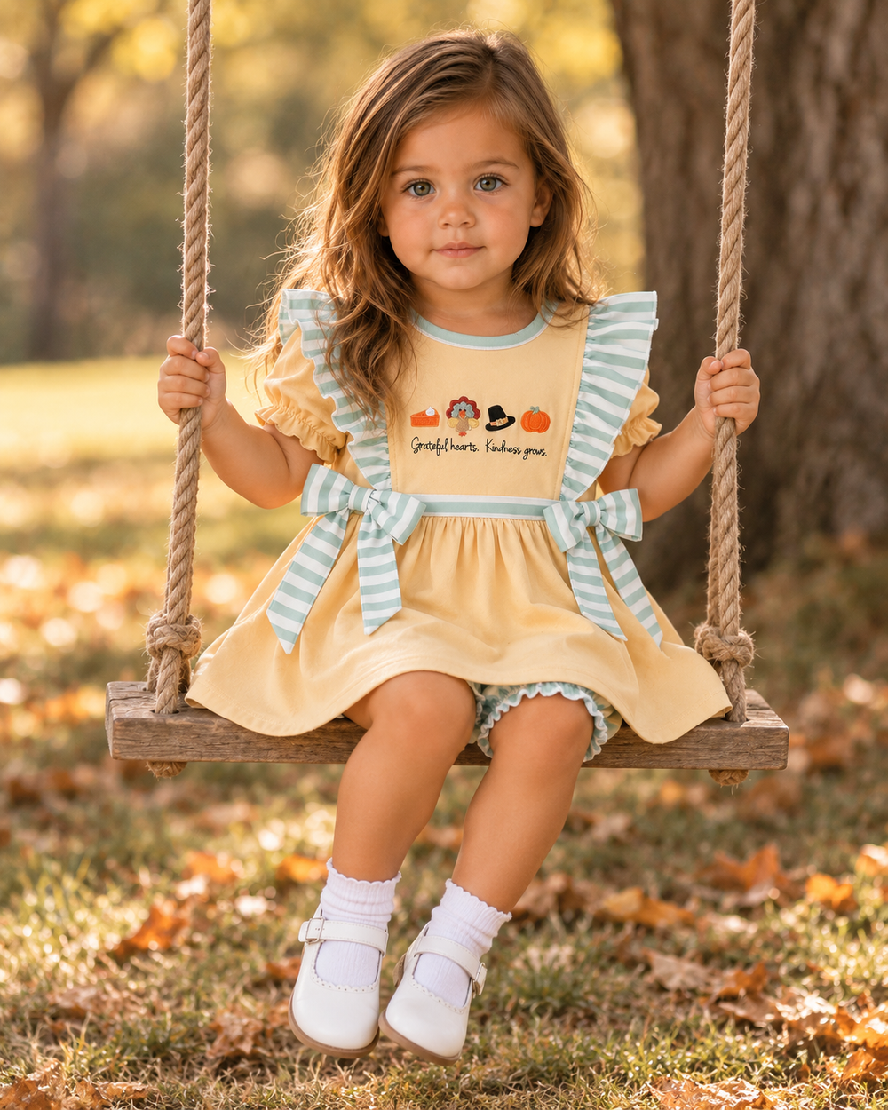 Embroidered ruffle bloomer set on child: yellow dress with striped ruffle sleeves and bloomer