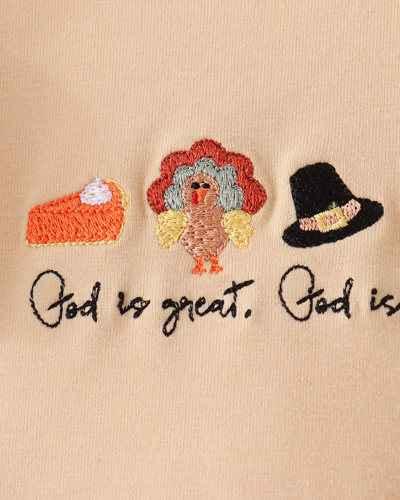Beige embroidery front with God is great, God is good figures and hats