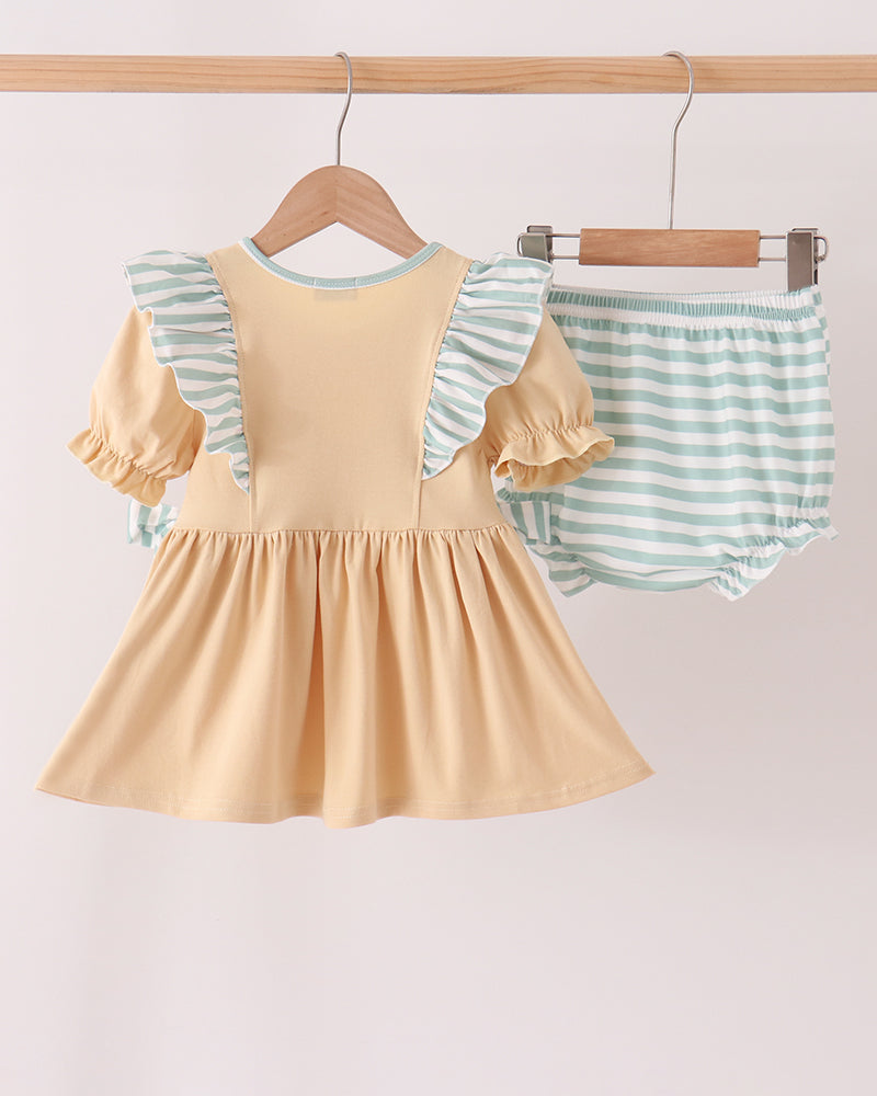 Two-piece baby set: beige ruffle dress and mint striped bloomer shorts