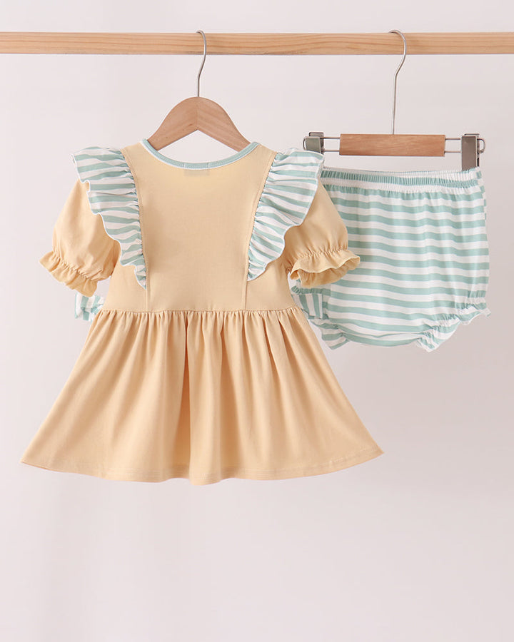 Two-piece baby set: beige ruffle dress and mint striped bloomer shorts