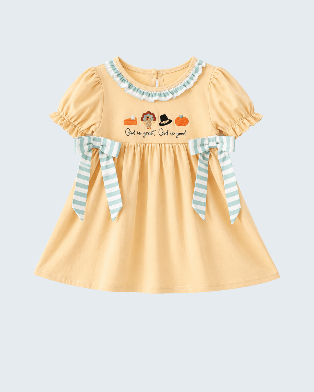 Embroidered ruffle dress in light yellow with blue striped trim and bow ties