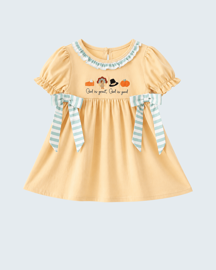 Embroidered ruffle dress in light yellow with blue striped trim and bow ties