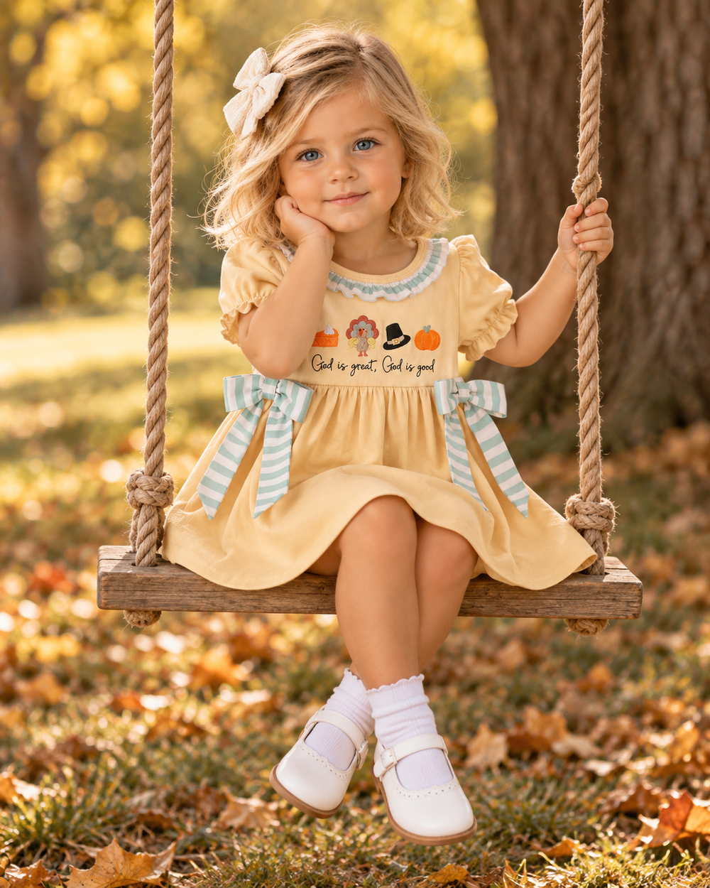 Embroidered light-yellow ruffle dress with blue striped neck trim and ribbon bows