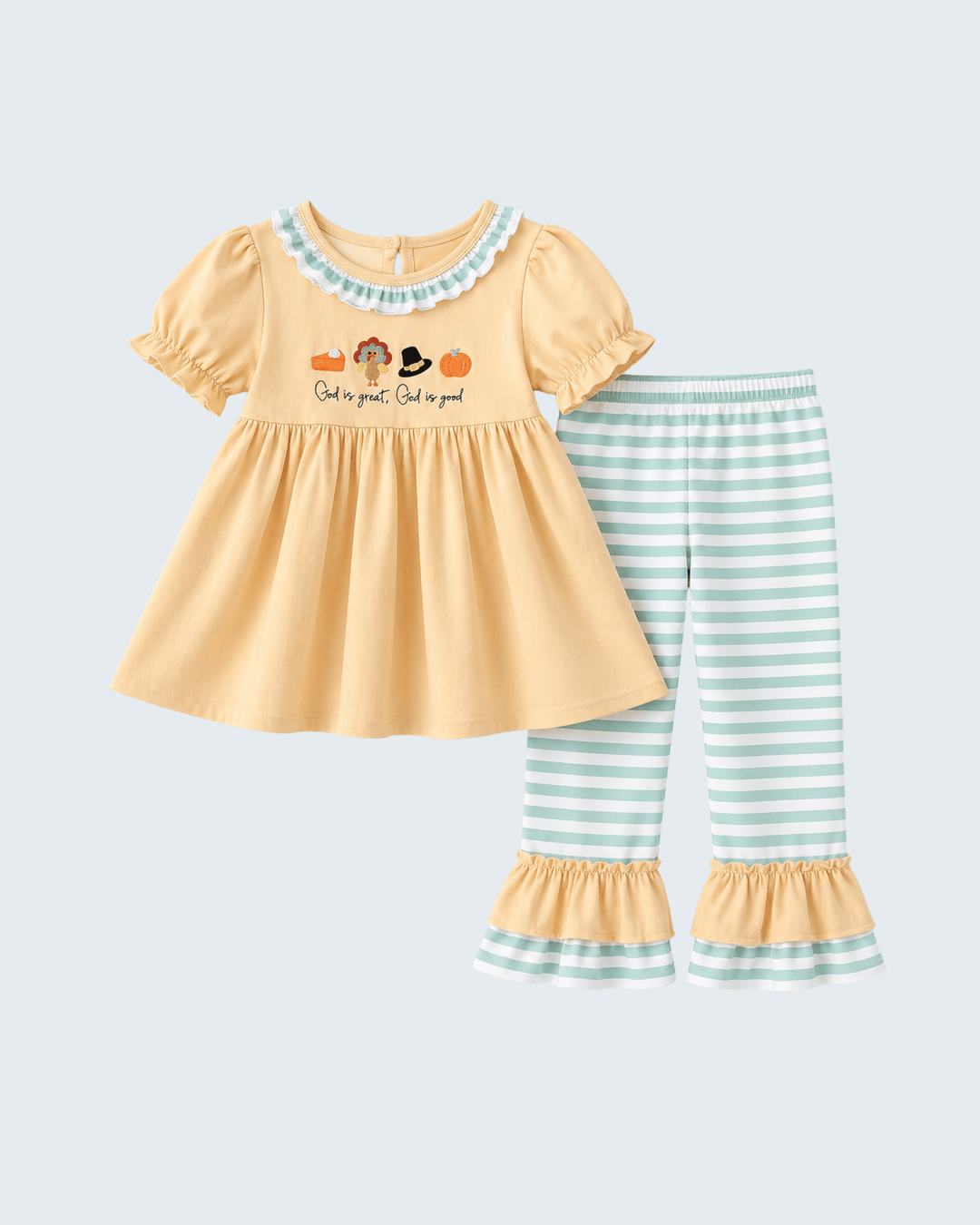 Embroidered ruffle pants set: yellow dress top with slogan print, blue striped ruffle pants
