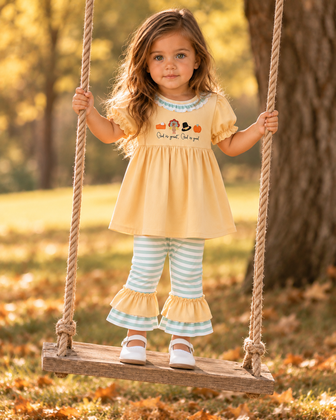 Embroidered ruffle pants set: gathered yellow top, blue striped leggings with ruffle cuffs