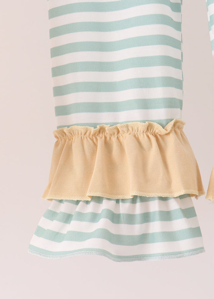 Mint and white striped pants with beige ruffled hem and elastic waistband