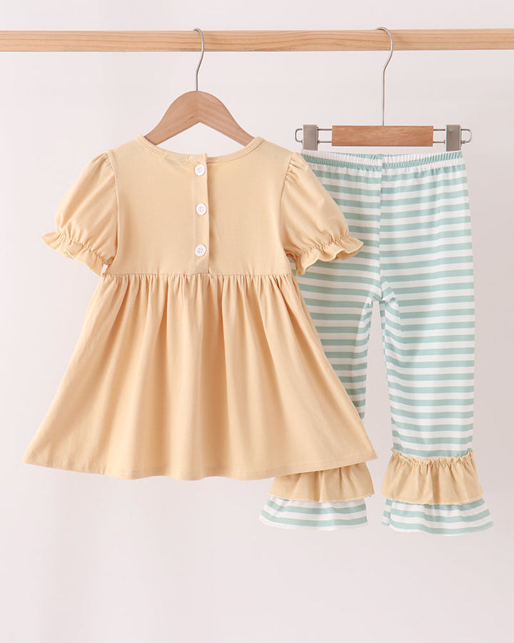 Beige short-sleeve dress with button back and gathered skirt; matching mint striped pants