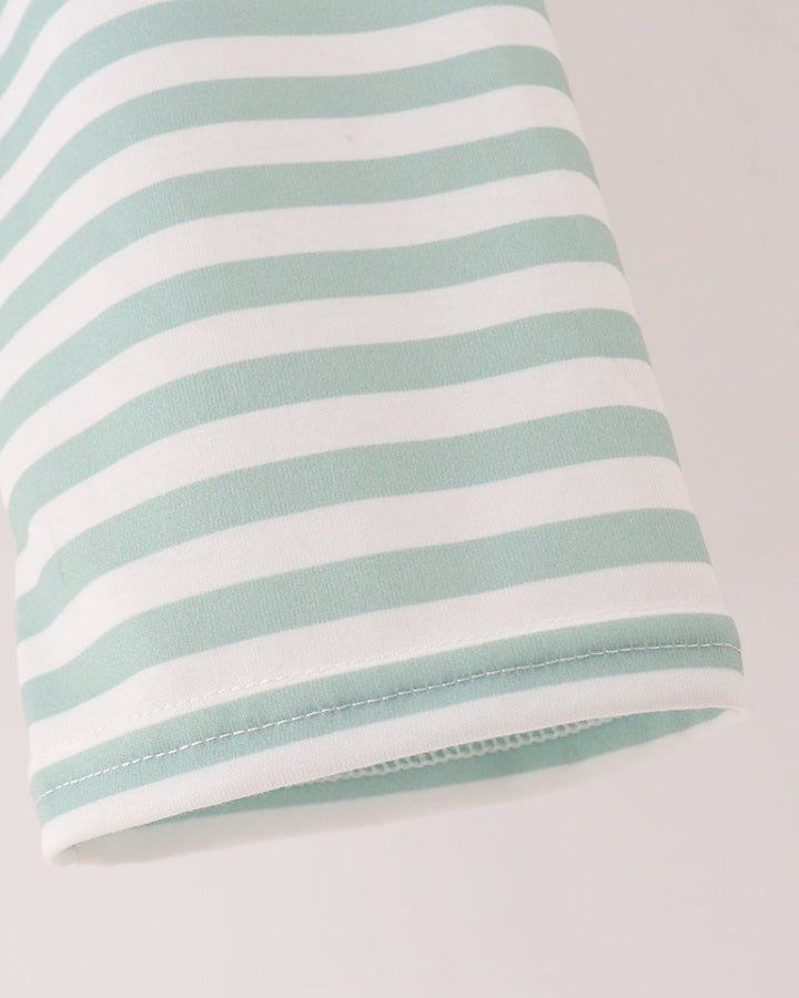 Mint-and-white striped pants with elastic waist and stitched hem detail