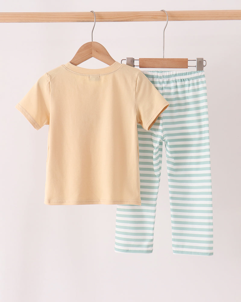 Kids outfit set: beige short-sleeve T-shirt and mint-and-white striped pants