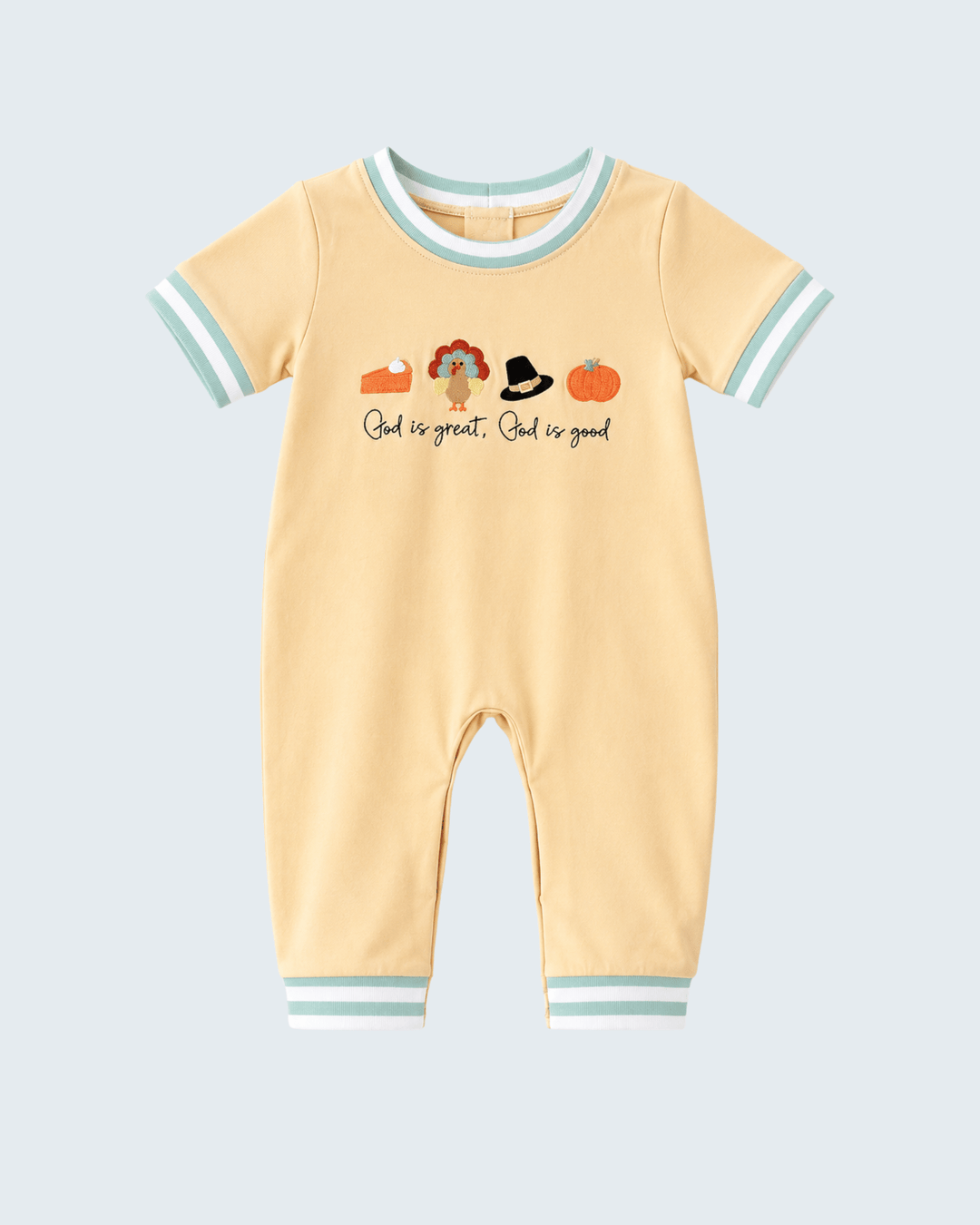 Infant cream embroidered romper with Thanksgiving text and multicolor motif, teal striped cuffs