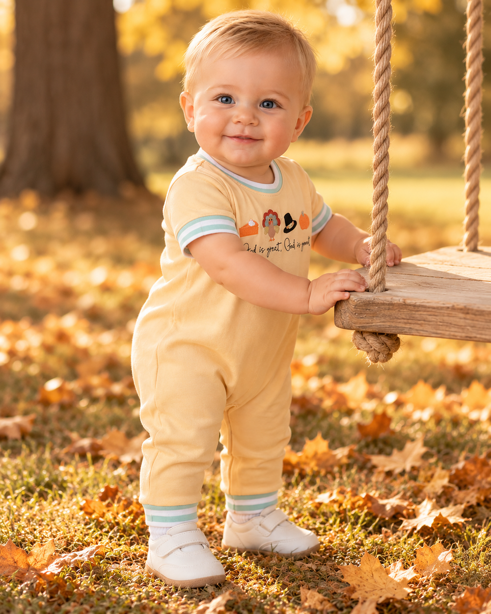 Infant wearing cream romper with embroidered Thanksgiving text, teal striped cuffs and collar