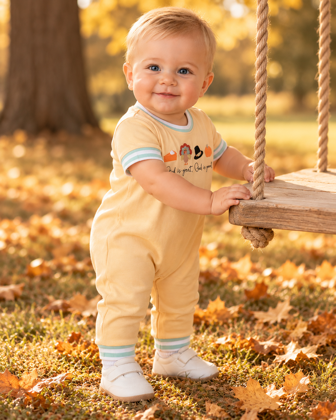 Infant wearing cream romper with embroidered Thanksgiving text, teal striped cuffs and collar