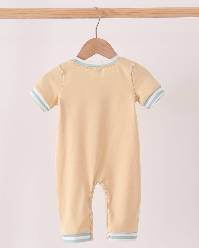Beige baby romper with light blue striped cuffs and snap leg closure