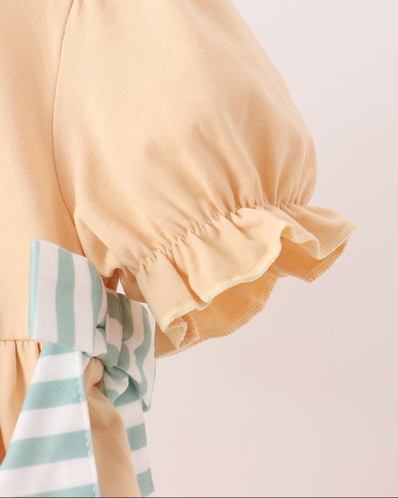 Beige ruffle dress sleeve with elastic cuff and striped tie detail
