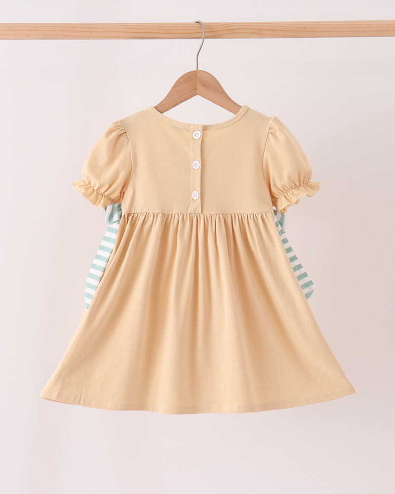 Beige button-front ruffle dress with puff sleeves and striped bow accents