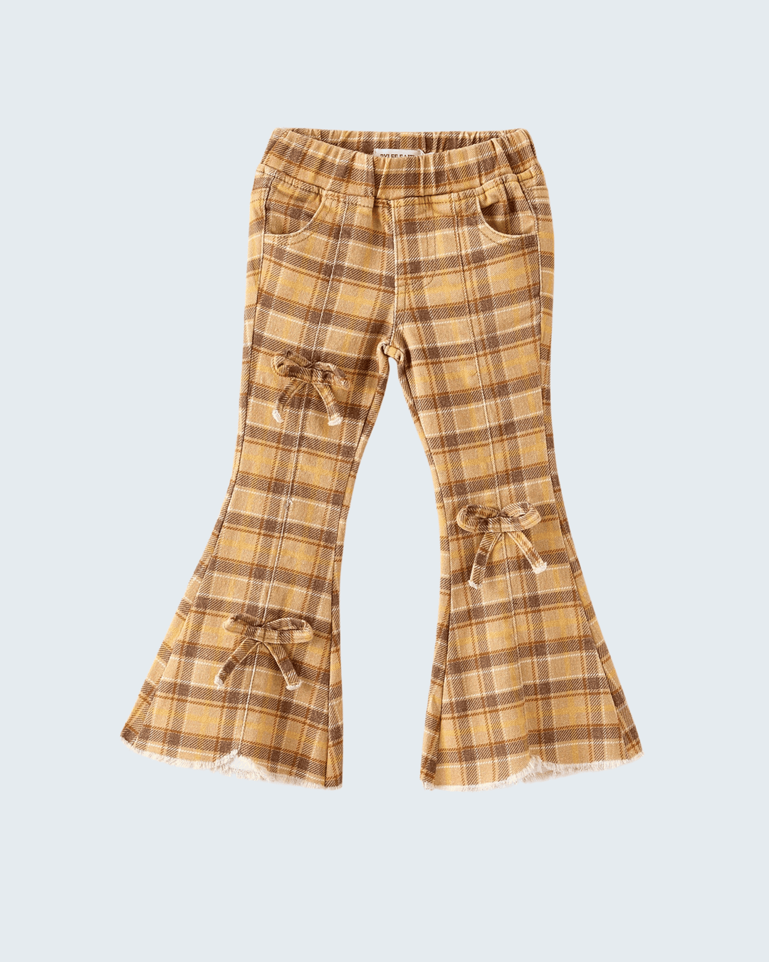 A pair of toddler flare pants in a brown and beige plaid pattern, featuring decorative fabric bows tied at the flared hems and front pockets, shown against a light gray background.