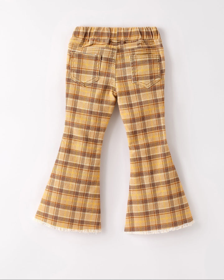 Plaid girls jeans with elastic waistband and wide flared legs in yellow-brown check