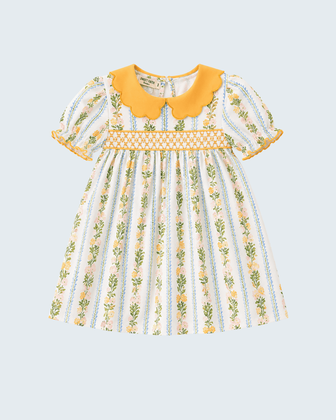 Yellow scalloped collar floral smocked baby dress with short puff sleeves