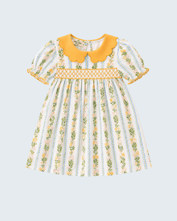 Yellow scalloped collar floral smocked baby dress with short puff sleeves