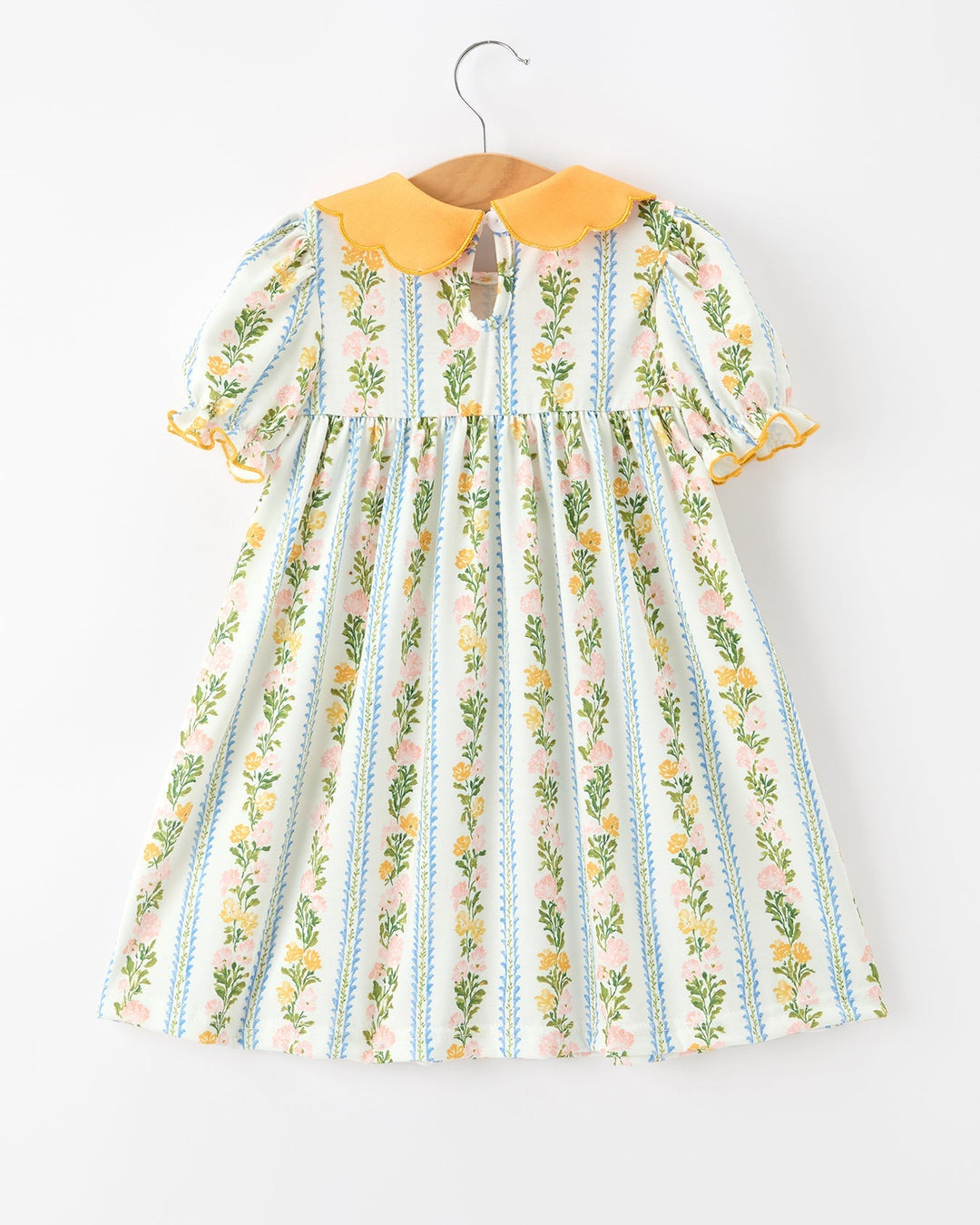 Floral striped baby girl dress with scallop collar and gathered waist, long sleeves